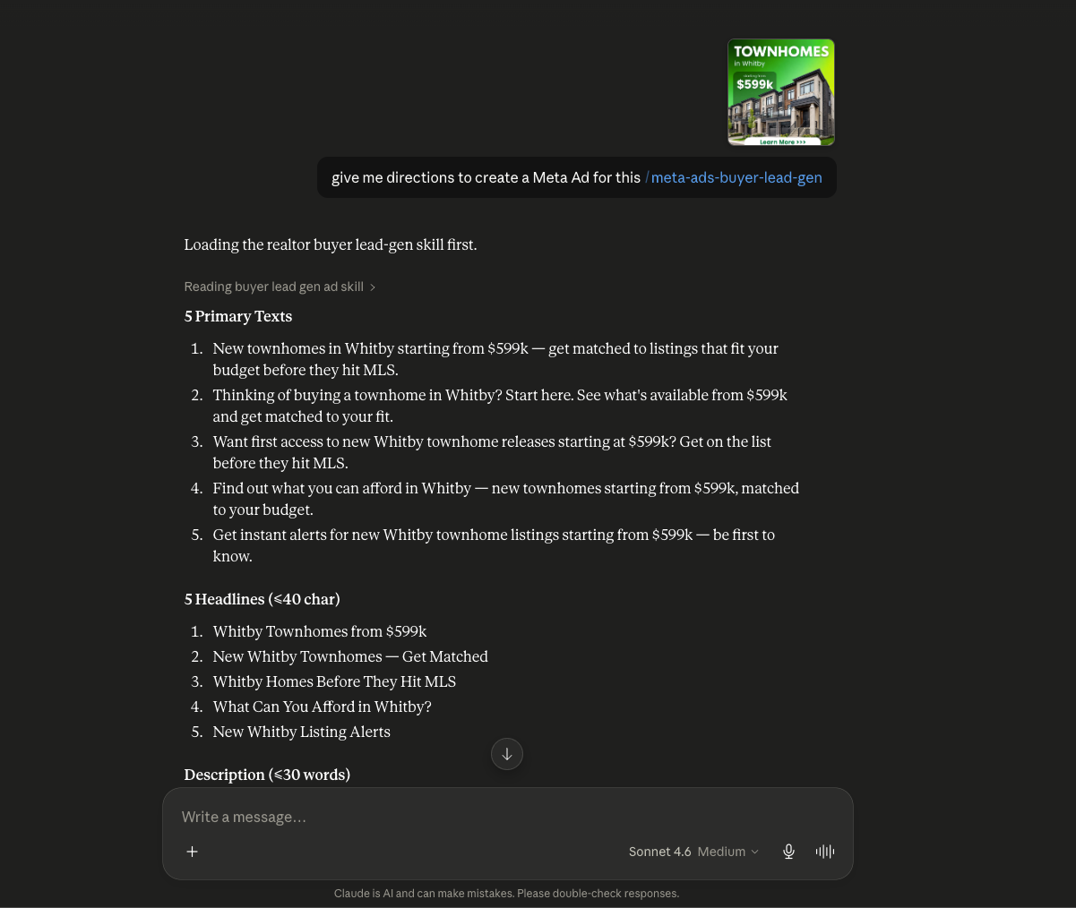 Screenshot showing example realtor marketing output from Claude