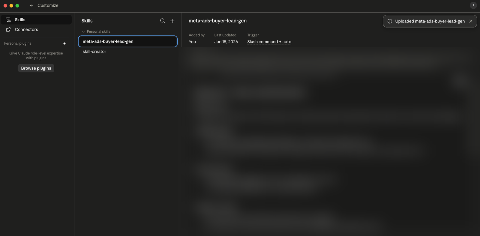 Screenshot showing a realtor skill installed inside Claude