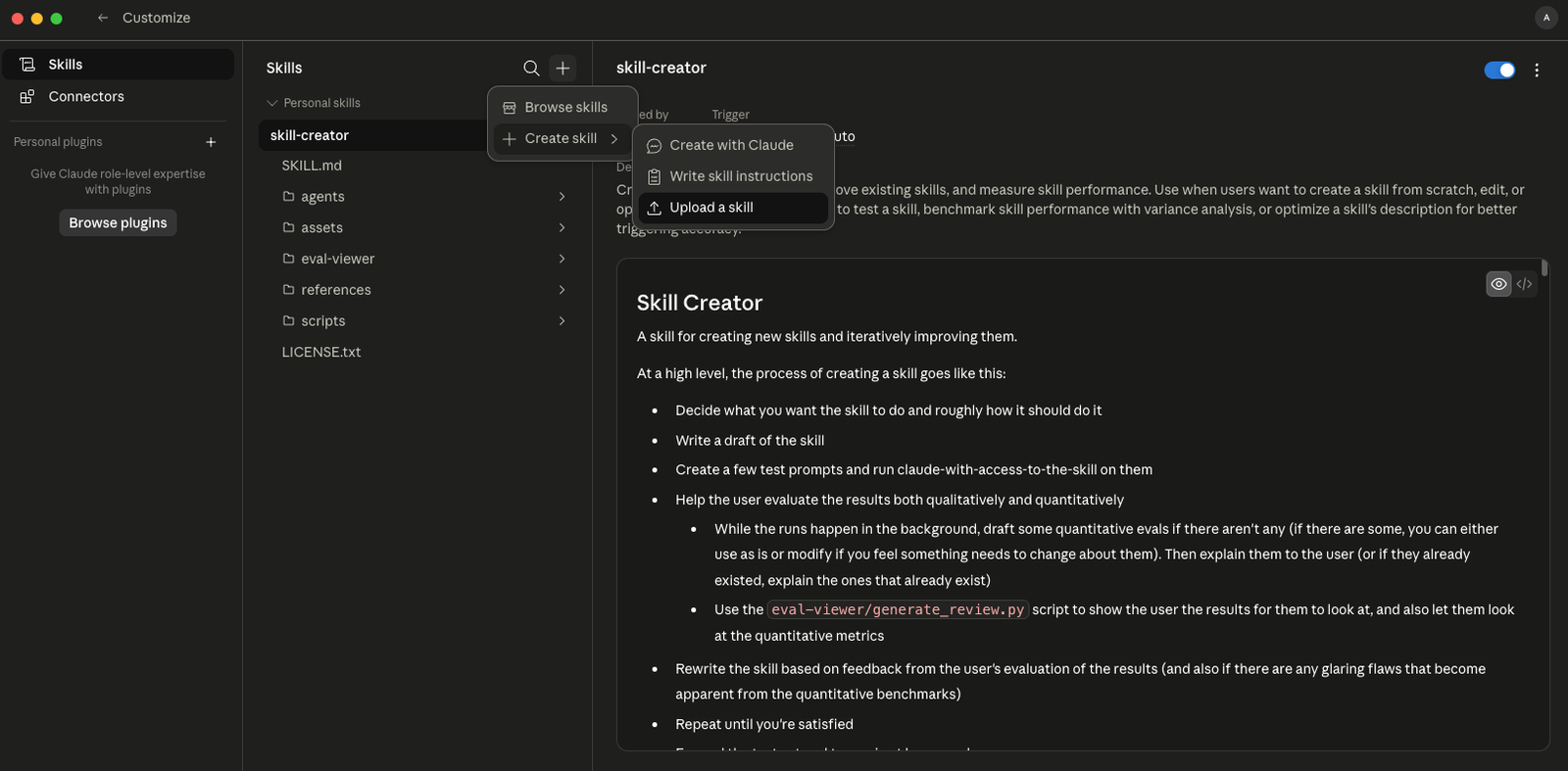 Screenshot showing Claude skill upload process